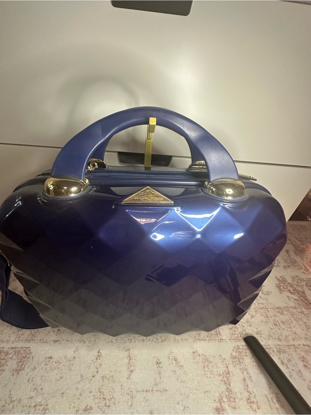 Glossy Navy Mini Dome vanity case with Gold Trim